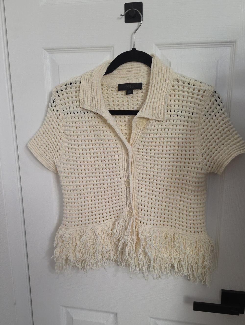 Zara Cream Open-Knit Fringe Short-Sleeve Cardigan